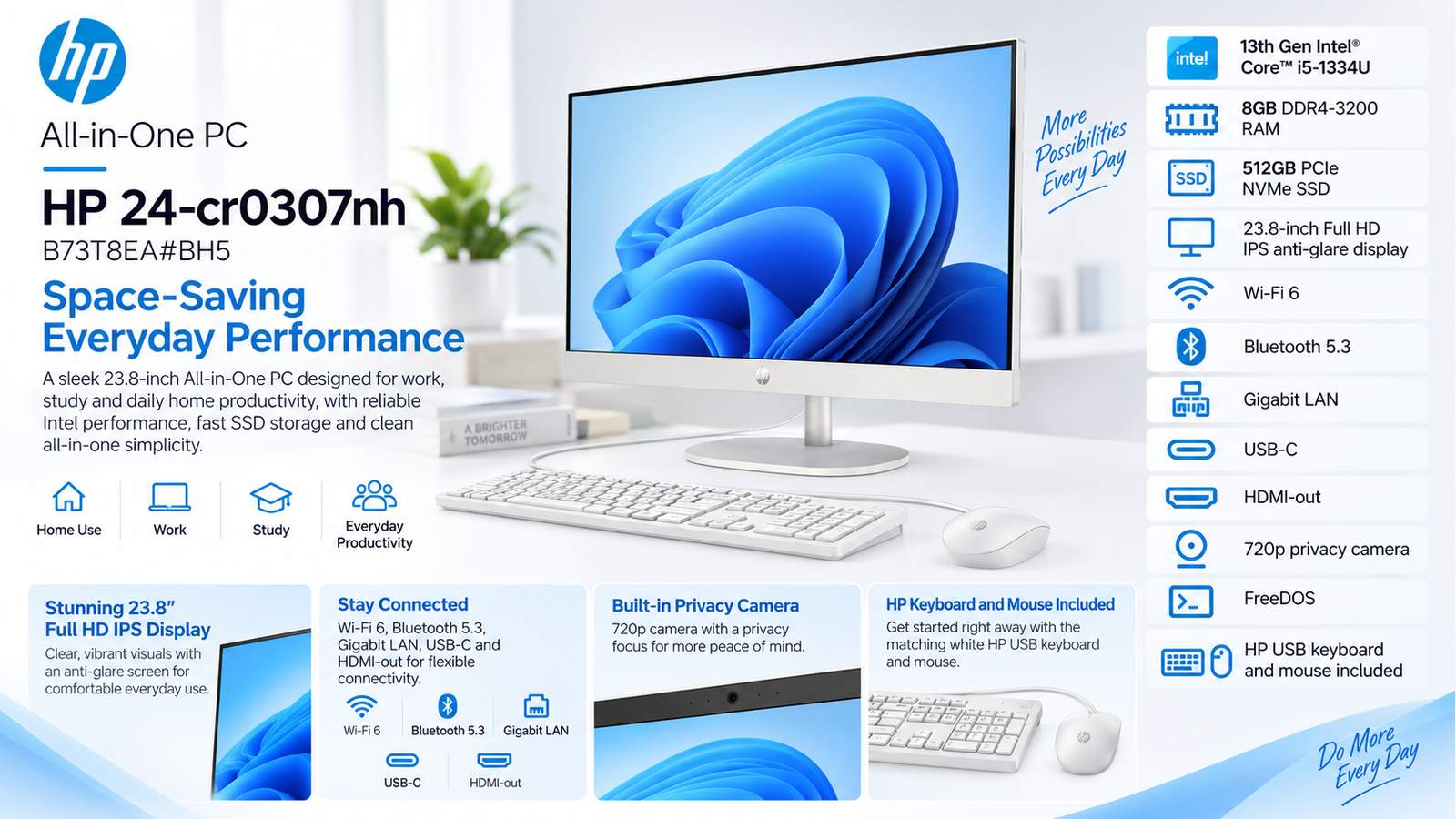 HP 24-cr0307nh B73T8EA#BH5 All-in-One PC, Intel Core i5-1334U, 8GB DDR4-3200, 512GB PCIe NVMe SSD, 23.8-inch FHD IPS Anti-Glare Display, Intel UHD Graphics, Wi-Fi 6, FreeDOS, USB Keyboard & Mouse, Shell White